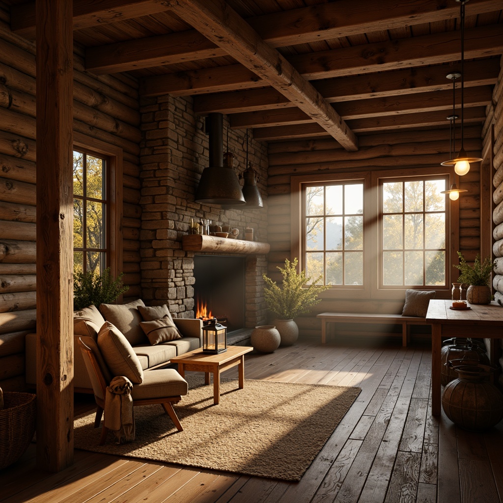 Prompt: Rustic wooden cabin, warm golden lighting, soft candle glow, lanterns with metal accents, cozy fireplace, crackling flames, dimmed chandeliers, vintage metal shades, warm beige tones, earthy color palette, natural stone walls, reclaimed wood floors, distressed textures, autumnal foliage, misty morning, gentle sunbeams, subtle shadows, 1/2 composition, atmospheric perspective, realistic render.