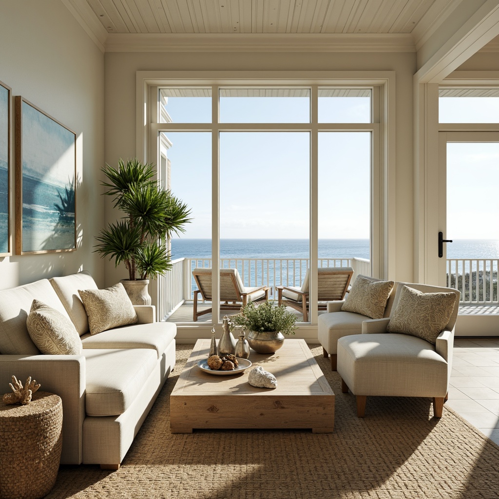 Prompt: Coastal-themed living room, natural linen fabrics, woven sea grass patterns, soft blue-green color palette, driftwood furniture accents, distressed wood textures, ocean-inspired decorative accents, coral-shaped vases, shell-patterned throw pillows, sandy beige walls, natural fiber rugs, large windows with ocean views, bright sunlight, warm ambient lighting, 1/2 composition, realistic fabric simulations, subtle ocean breeze sounds.