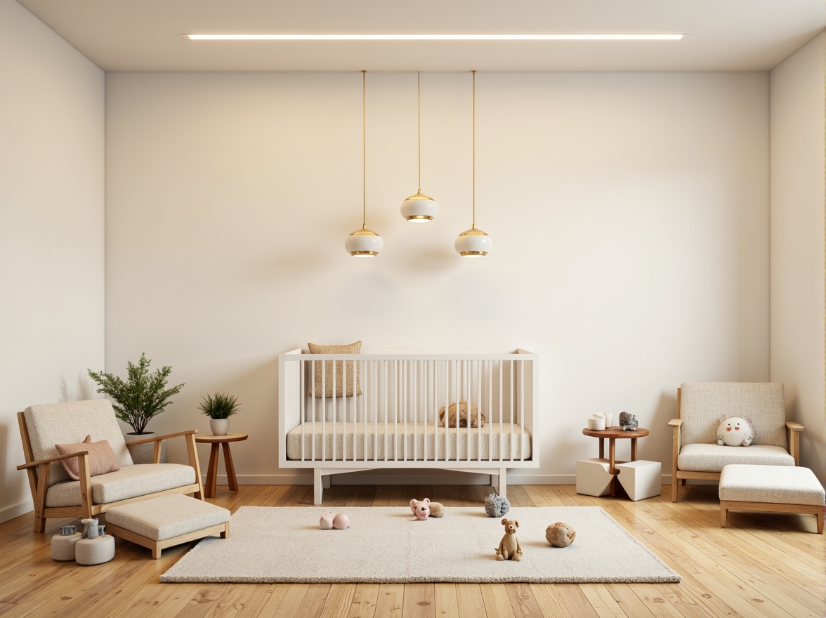 Prompt: Minimalist baby room, creamy white walls, warm wooden floors, modern crib, geometric-shaped furniture, innovative lighting fixtures, spherical pendant lamps, linear LED strips, cube-shaped table lamps, soft warm glow, gentle color temperatures, pastel-colored toys, minimalist decorative objects, Bauhaus-inspired patterns, simple textiles, natural materials, calm atmosphere, shallow depth of field, 1/1 composition, realistic textures, ambient occlusion.