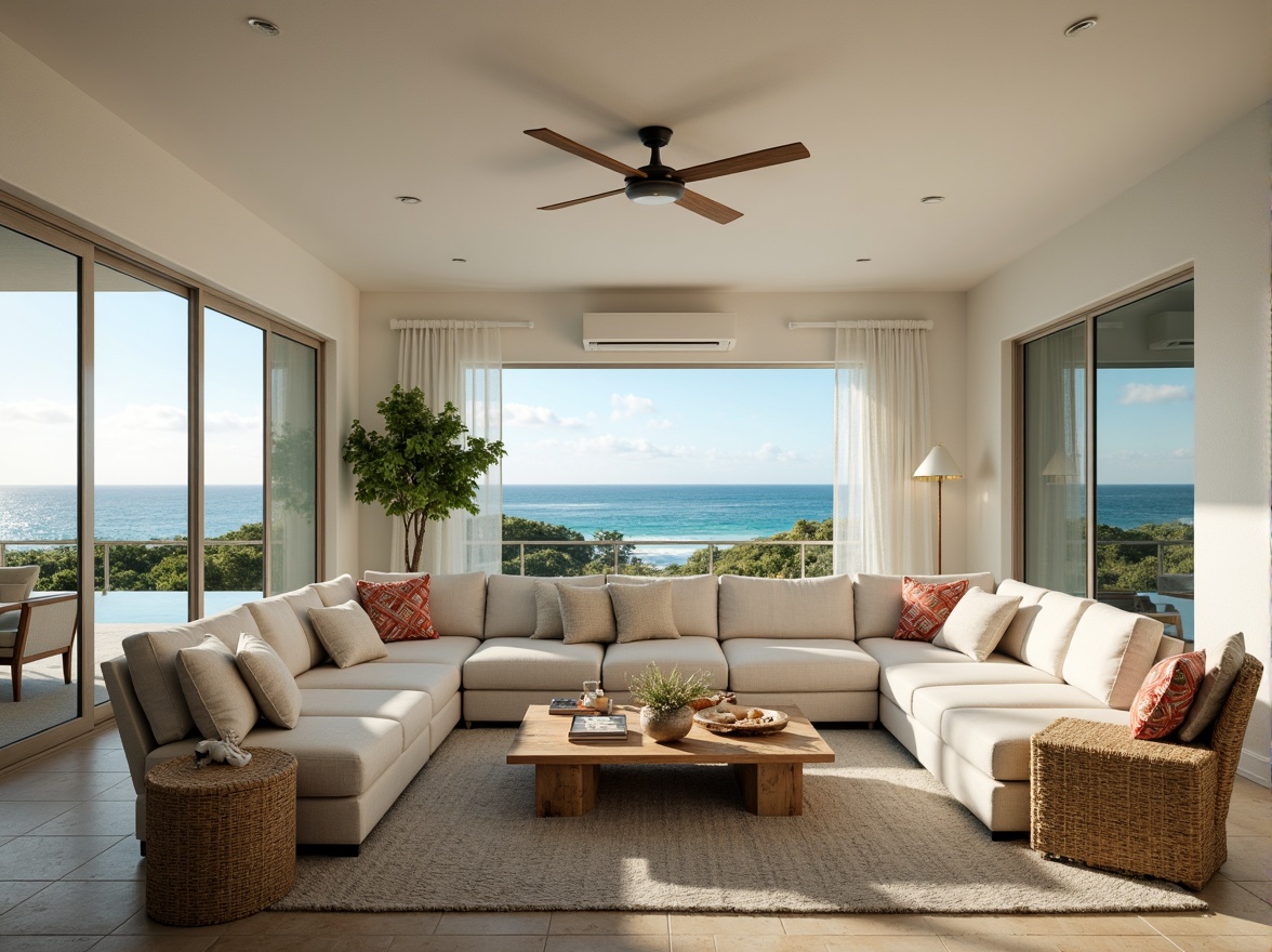 Prompt: Beachside villa, spacious living room, plush sectional sofa, driftwood coffee table, woven sea grass armchairs, natural fiber rugs, soft blue-green color palette, ocean-inspired accents, shell decorative objects, coral patterned throw pillows, floor-to-ceiling windows, sliding glass doors, coastal views, sunny afternoon, warm soft lighting, 1/1 composition, minimalist styling, realistic textures, ambient occlusion.