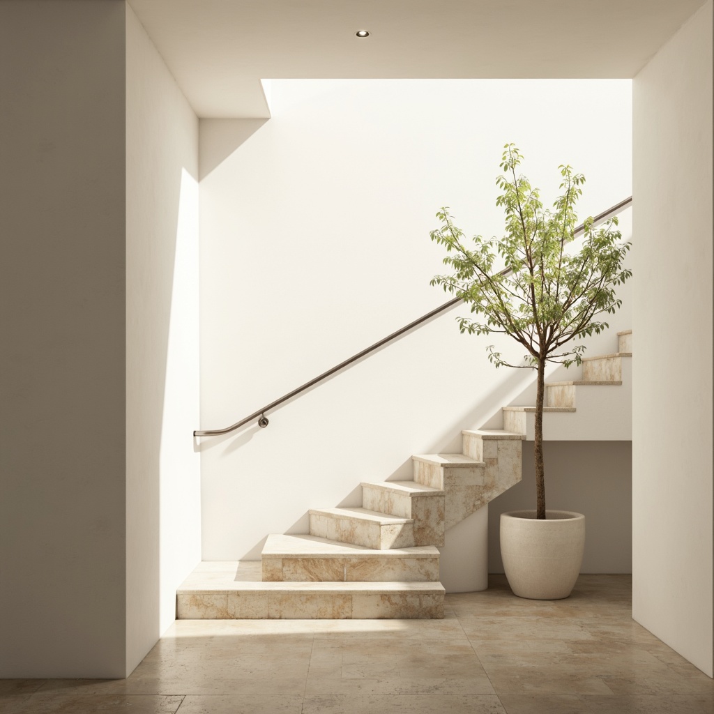 Prompt: Airy atmosphere, soft natural light, minimalist staircase design, sleek metal handrails, plain white walls, polished concrete floors, open-plan layout, modern simplicity, subtle texture contrasts, warm beige tones, hidden lighting systems, gentle shadows, 1/1 composition, shallow depth of field, realistic reflections, ambient occlusion.