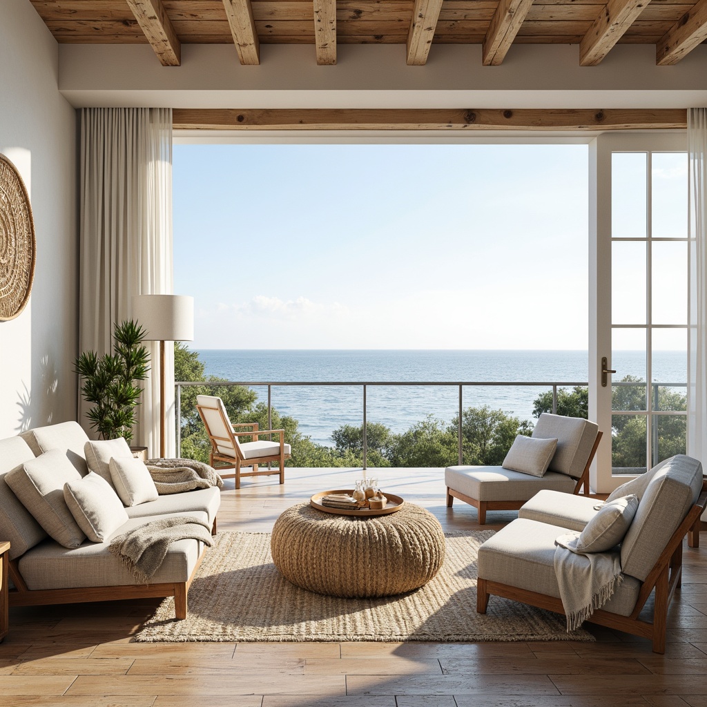 Prompt: \Coastal interior design, soothing ocean views, light-filled rooms, natural textures, driftwood accents, sea-salt colors, calming blues, crisp whites, sandy neutrals, shell-inspired patterns, beachy vibes, relaxed atmosphere, soft morning light, airy feel, minimalist decor, woven furniture, jute rugs, linen fabrics, distressed wood finishes, sea-glass chandeliers, natural fiber wallpaper, serene ambiance, 1/1 composition, warm color temperature, soft focus blur.\