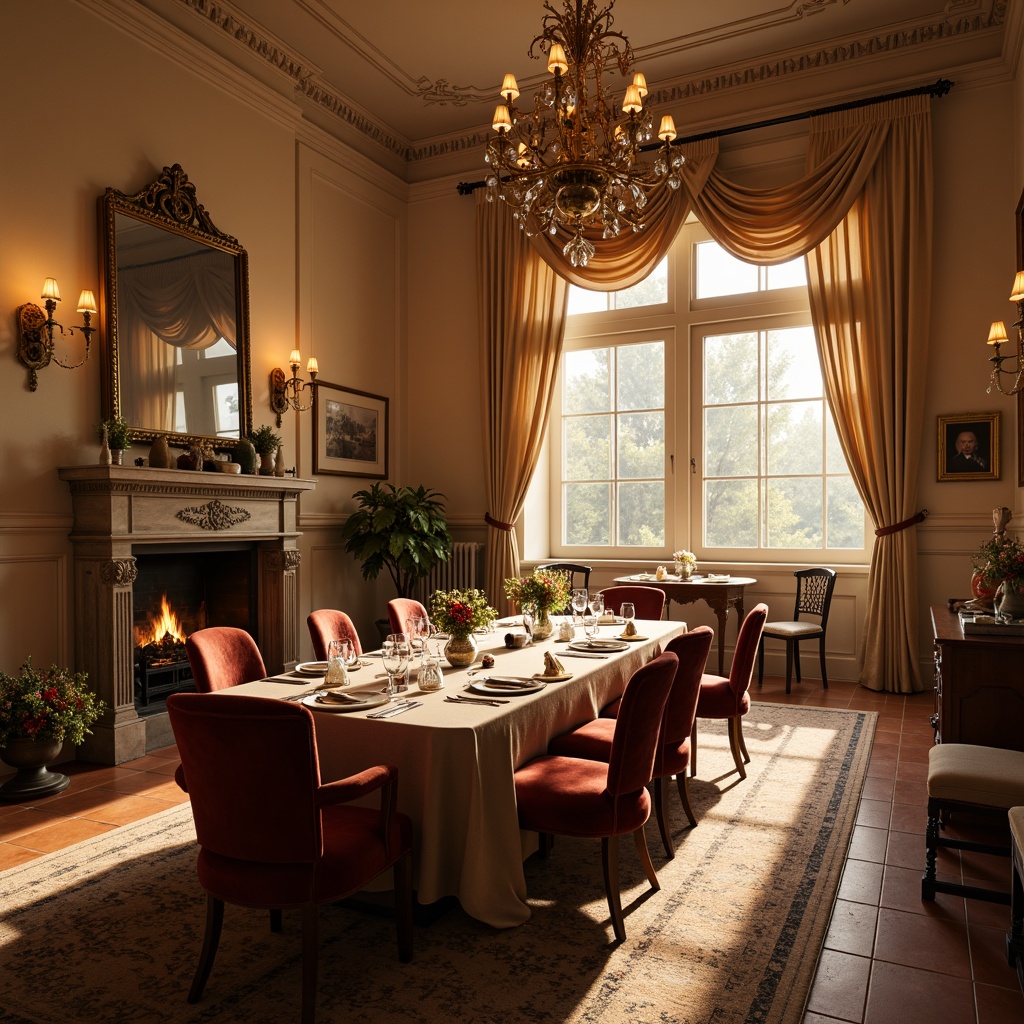 Prompt: Elegant dining room, warm beige walls, rich wood furniture, velvet upholstery, subtle metallic accents, soft cream curtains, ornate chandeliers, earthy terracotta floors, natural stone fireplaces, plush area rugs, intimate ambiance, golden hour lighting, shallow depth of field, 1/2 composition, atmospheric perspective.