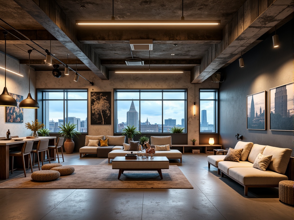 Prompt: Modern loft interior, sleek streamline design, industrial chic aesthetic, polished concrete floors, exposed ductwork, minimalist decor, floor-to-ceiling windows, cityscape views, soft warm glow, recessed lighting, linear suspension lamps, matte black metal shades, LED strip lights, frosted glass pendants, adjustable track lighting, ambient overhead illumination, cozy reading nooks, plush area rugs, abstract artwork, natural wood accents, urban loft atmosphere, 1/1 composition, shallow depth of field, softbox lighting.