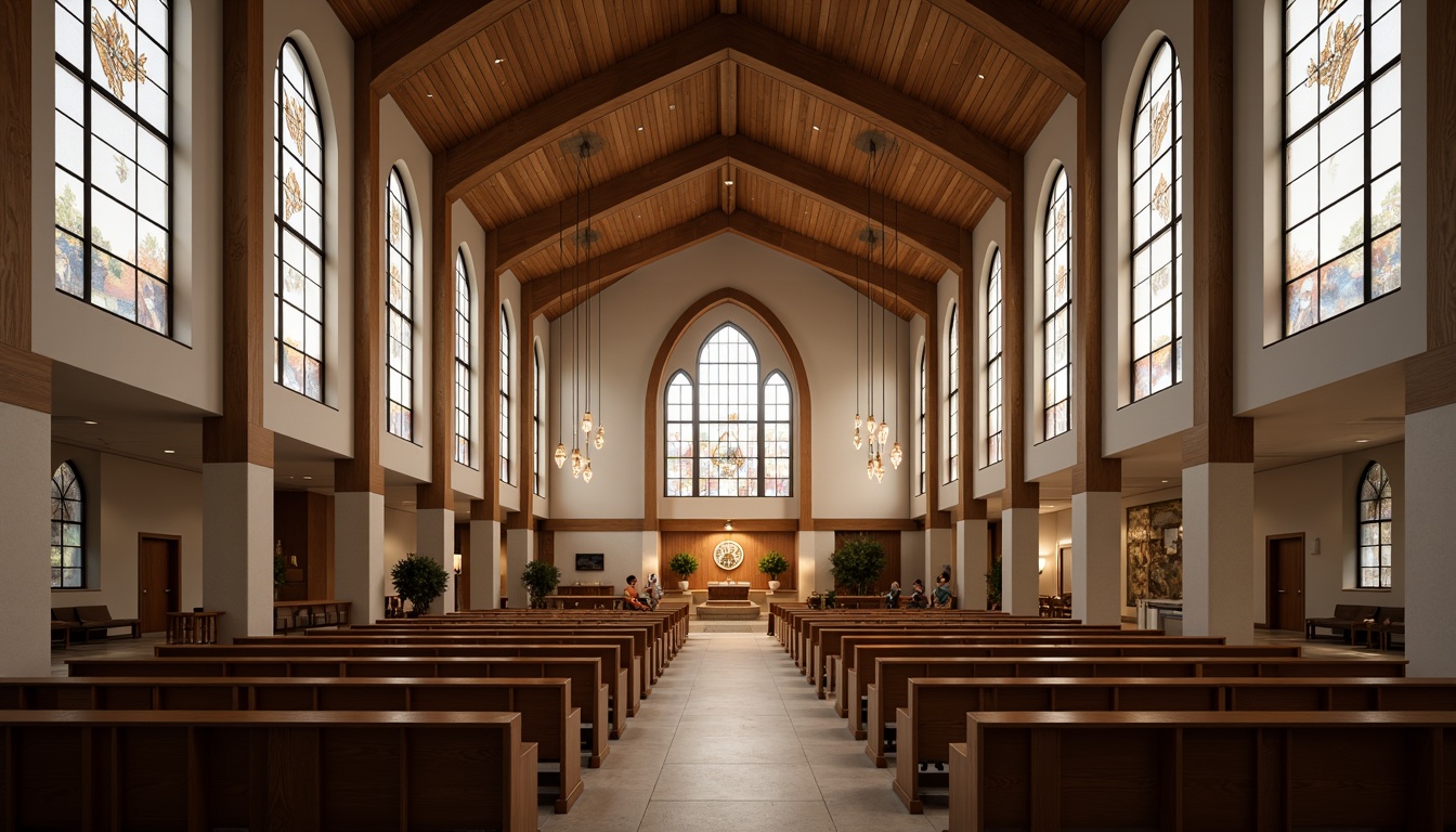 Prompt: Modern church interior, sleek lines, minimalist decor, vaulted ceilings, grand chandeliers, LED ambient lighting, warm glowing tones, stained glass windows, intricate patterns, sacred symbols, polished wooden pews, elegant aisles, subtle color palette, soft focus lighting, 1/1 composition, realistic textures, ambient occlusion.