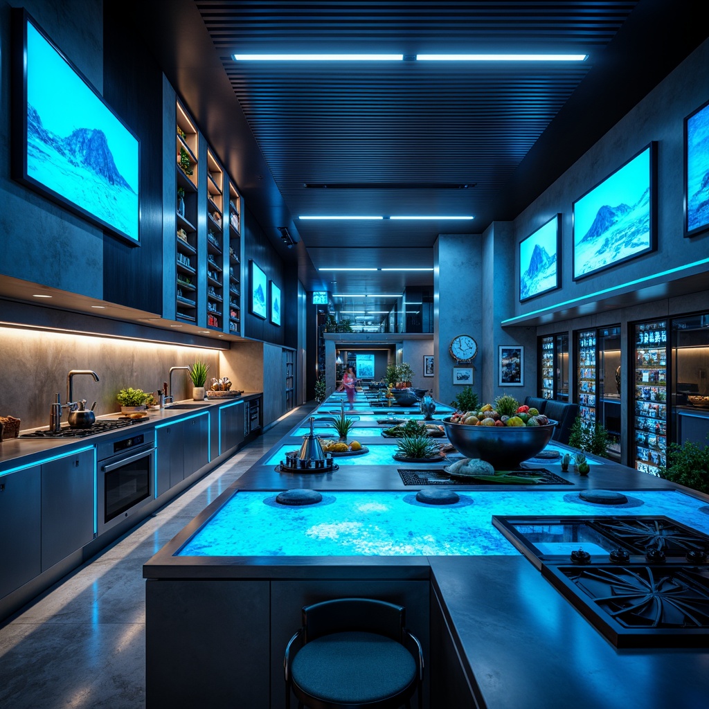 Prompt: Futuristic kitchen interior, sleek metallic countertops, neon-lit LED edges, holographic displays, touchless faucets, robotic cooking arms, levitating utensils, circular island cooktops, glass-enclosed wine cellars, chrome-plated appliances, iridescent quartz surfaces, glow-in-the-dark accents, ambient blue lighting, shallow depth of field, 1/1 composition, cinematic camera angles, realistic reflections, advanced smart home integration.