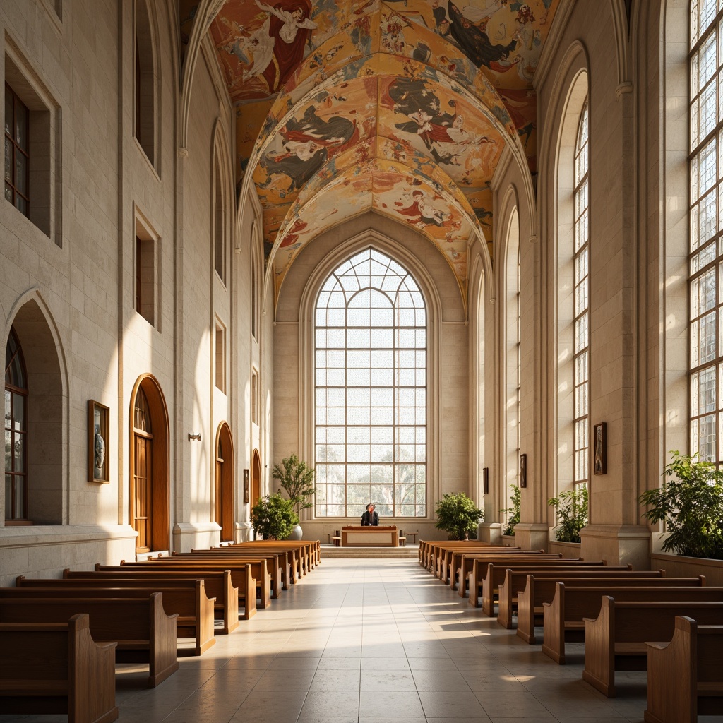 Prompt: Ethereal church interior, soft diffused lighting, translucent stained glass windows, ornate Gothic arches, sleek modern minimalism, polished marble floors, subtle ambient shadows, warm beige stone walls, delicate lace-like metalwork, intricate fresco ceilings, vibrant color accents, dramatic verticality, heavenly atmosphere, gentle spiritual ambiance, shallow depth of field, 1/1 composition, soft focus, realistic textures.