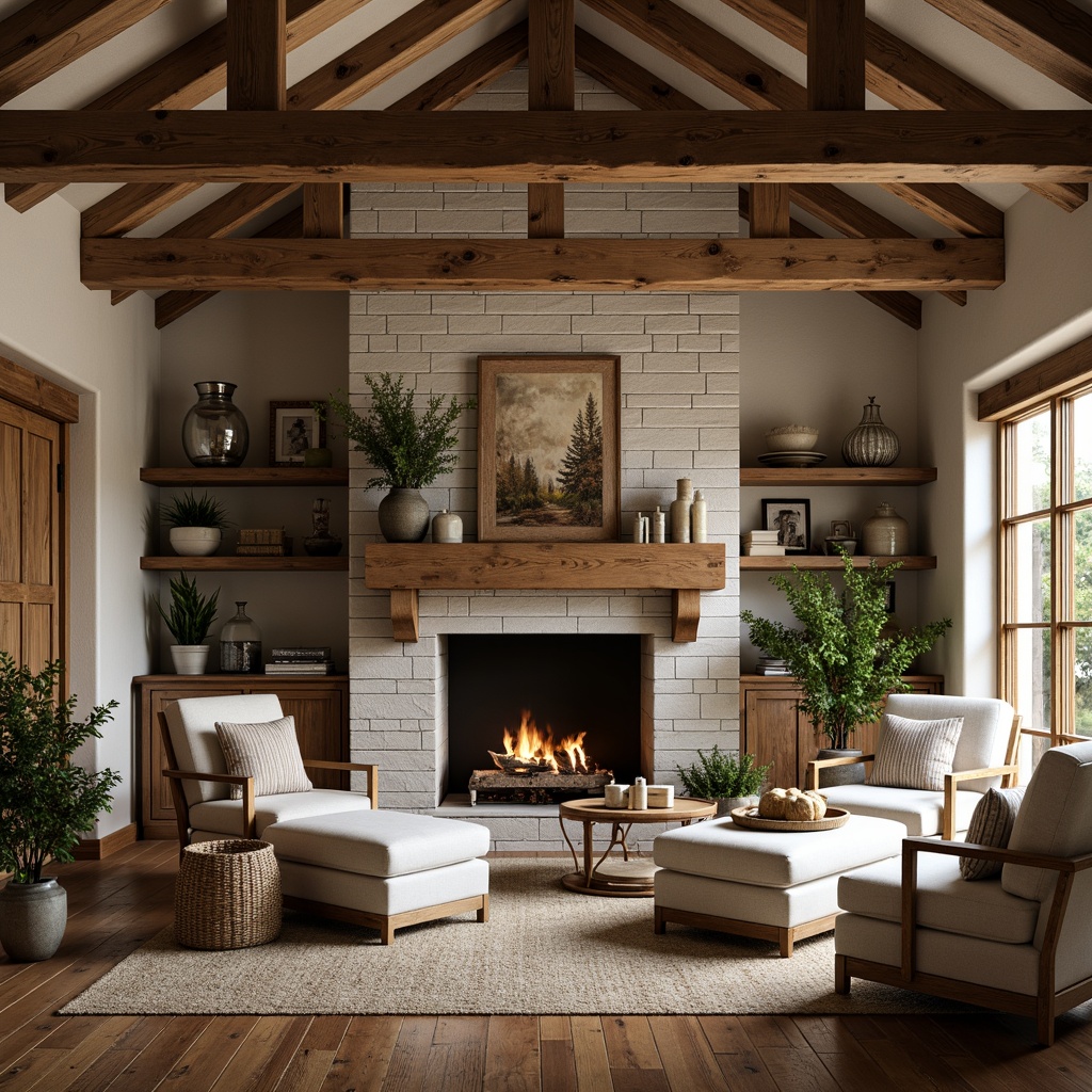 Prompt: Rustic farmhouse, shiplap walls, reclaimed wood accents, vintage metal decorations, earthy color palette, natural textures, cozy atmosphere, soft warm lighting, exposed wooden beams, stone fireplace, plush furnishings, woven baskets, potted greenery, distressed finishes, country-inspired decor, relaxed elegance, inviting ambiance, shallow depth of field, 1/1 composition, realistic wood grain.