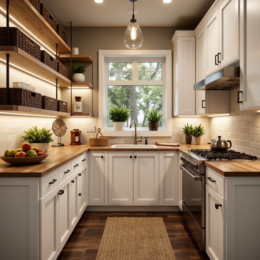 Prompt: Cozy pantry, warm ambient lighting, soft white cabinets, polished chrome fixtures, glass pendant lights, rustic wooden shelves, woven baskets, modern farmhouse decor, bright overhead lighting, LED under-cabinet lights, warm beige countertops, sleek stainless steel appliances, decorative ceramic vases, greenery-filled planters, natural stone backsplashes, 1/1 composition, shallow depth of field, realistic textures.