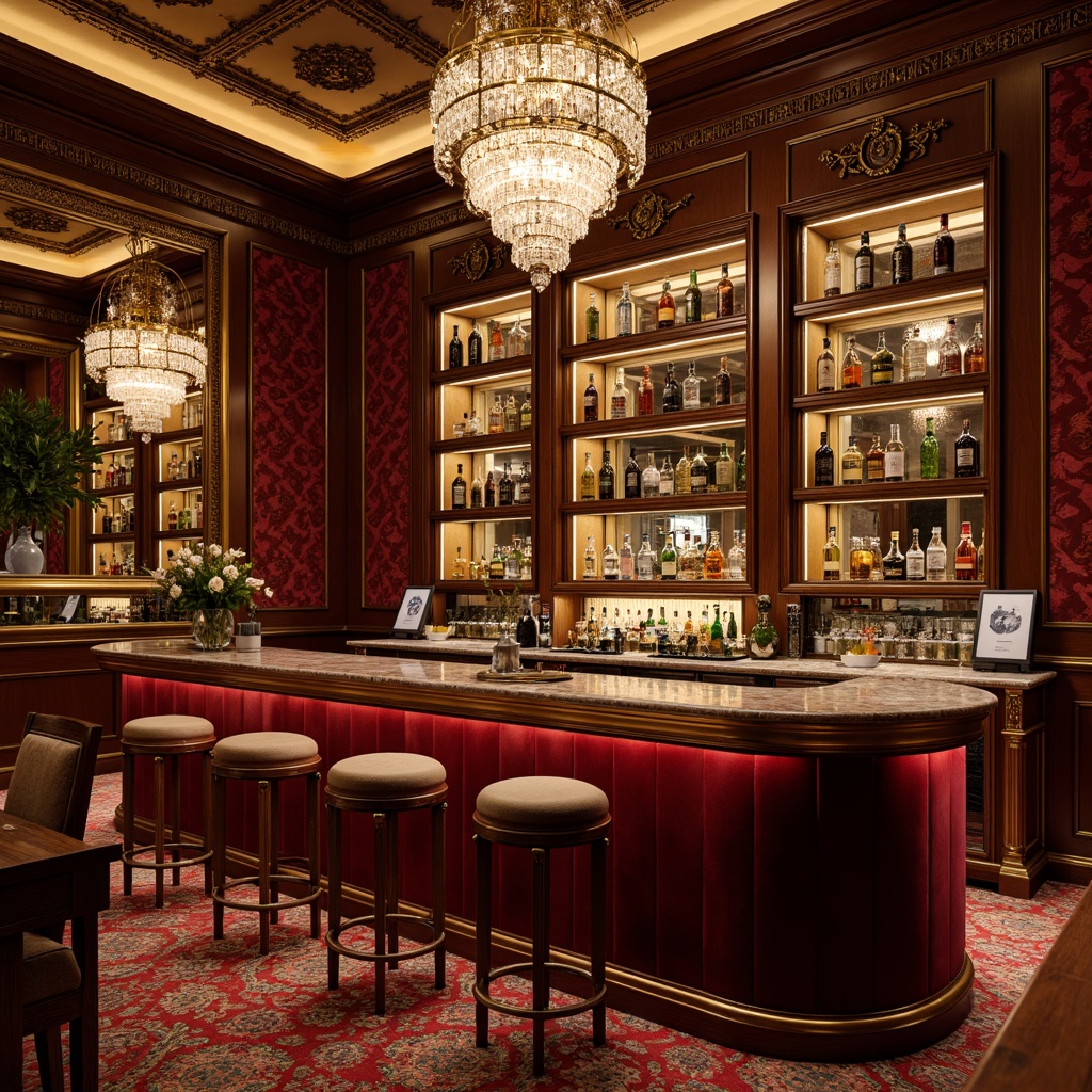 Prompt: Luxurious home bar, richly ornamented Rococo style, velvety soft upholstery, golden metallic accents, intricate carvings, ornate mirrors, crystal chandeliers, lavish countertops, polished marble surfaces, curved wooden legs, tufted stools, ambient warm lighting, shallow depth of field, 1/1 composition, realistic textures, detailed normal maps.