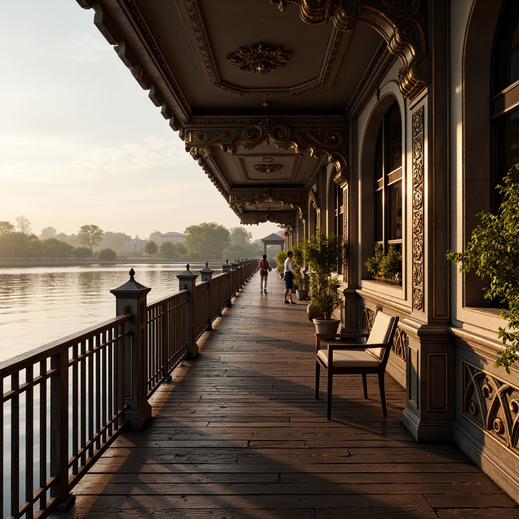 Prompt: Rustic wooden dock, ornate ironwork railings, lavish stone carvings, grandiose waterfront facade, opulent golden accents, intricate plaster moldings, curved lines, scrolled ornaments, rippling water reflections, misty lake atmosphere, warm sunset lighting, dramatic shadows, 1/2 composition, low-angle shot, richly textured surfaces, subtle ambient occlusion.