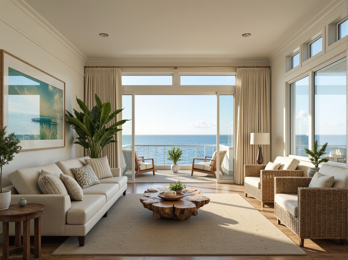 Prompt: Coastal living room, driftwood coffee table, plush sectional sofa, linen upholstery, natural fiber rug, woven wicker armchairs, glass top side tables, nautical-themed decorative accents, ocean-inspired artwork, soft calming colors, creamy whites, seafoam greens, weathered wood tones, large windows, sliding glass doors, balcony with ocean views, sunny day, soft warm lighting, shallow depth of field, 3/4 composition, realistic textures, ambient occlusion.