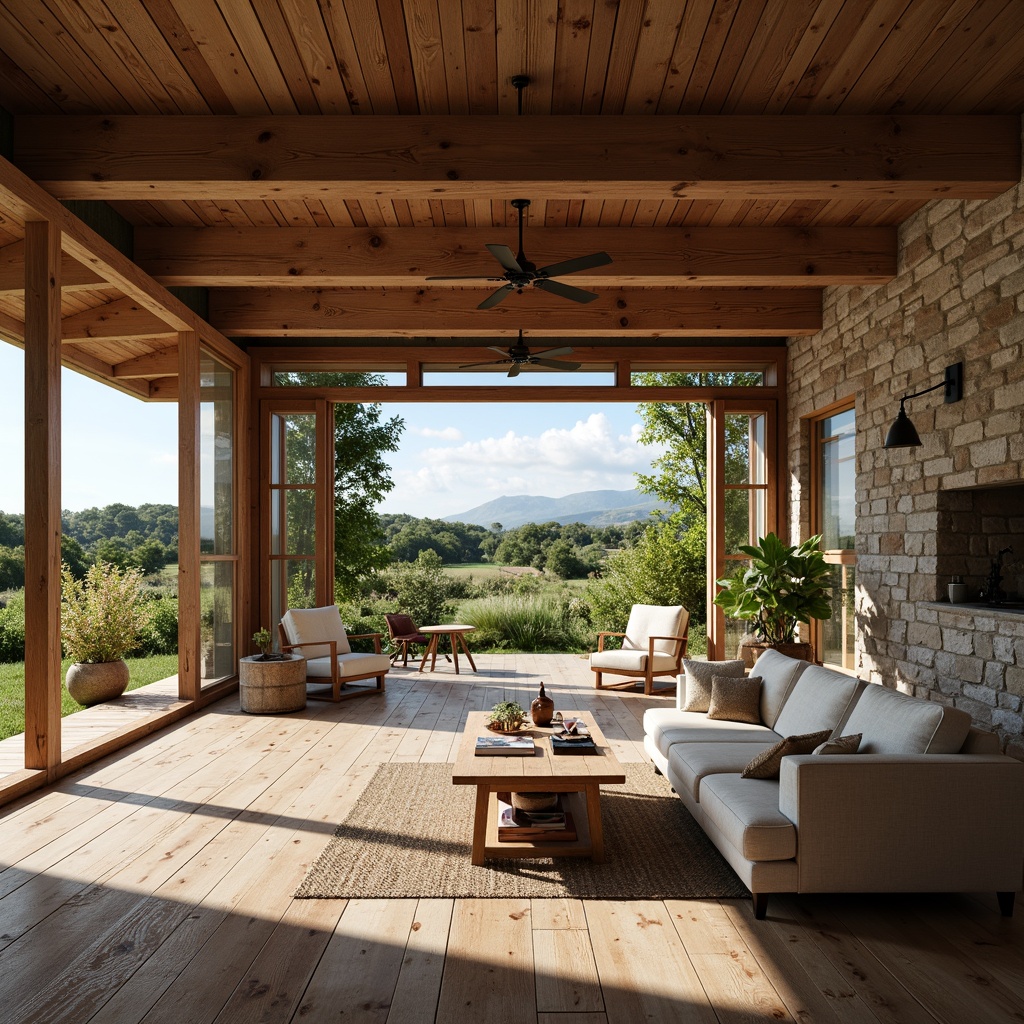 Prompt: Rustic farmhouse, open floor plan, wooden beams, exposed ductwork, natural stone walls, reclaimed wood floors, vintage furniture, cozy reading nooks, oversized windows, sliding glass doors, countryside views, rolling hills, lush greenery, wildflowers, sunny day, soft warm lighting, shallow depth of field, 3/4 composition, panoramic view, realistic textures, ambient occlusion, earthy color palette, distressed finishes, farmhouse sink, kitchen island, pendant lighting, metal accents, woven textiles.