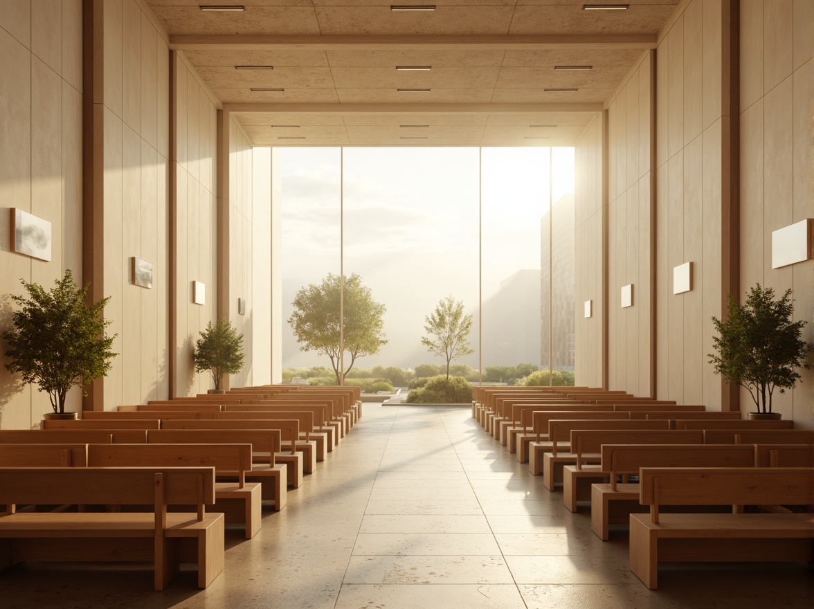 Prompt: Ethereal worship space, translucent walls, soft diffused light, warm beige tones, minimalist decor, sleek wooden pews, subtle spiritual symbols, ambient gentle lighting, shallow depth of field, 1/1 composition, panoramic view, realistic textures, ambient occlusion, serene atmosphere, peaceful ambiance, natural stone floors, modern abstract architecture, large open windows, calming water features, lush greenery surroundings, misty morning light, soft warm glow.