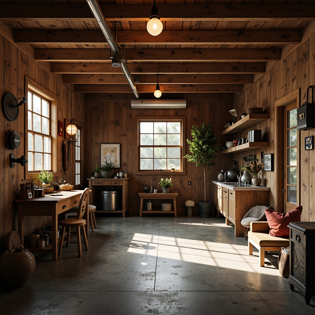 Prompt: Rustic family garage, wooden accents, earthy tones, vintage metal tools, distressed finishes, warm ambient lighting, pendant lamps, exposed bulbs, industrial chic decor, concrete floors, reclaimed wood walls, metal roofing, natural textures, soft warm glow, cozy atmosphere, relaxed vibe, afternoon sunlight, shallow depth of field, 1/2 composition, realistic render.