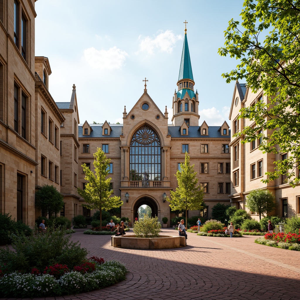 Prompt: Grand university campus, warm beige stone buildings, ornate Gothic spires, vibrant turquoise accents, rich golden details, rustic red brick pathways, lush greenery, blooming flowers, elegant fountain squares, intricate stone carvings, decorative metalwork, stained glass windows, classical statues, soft warm lighting, shallow depth of field, 1/2 composition, realistic textures, ambient occlusion.