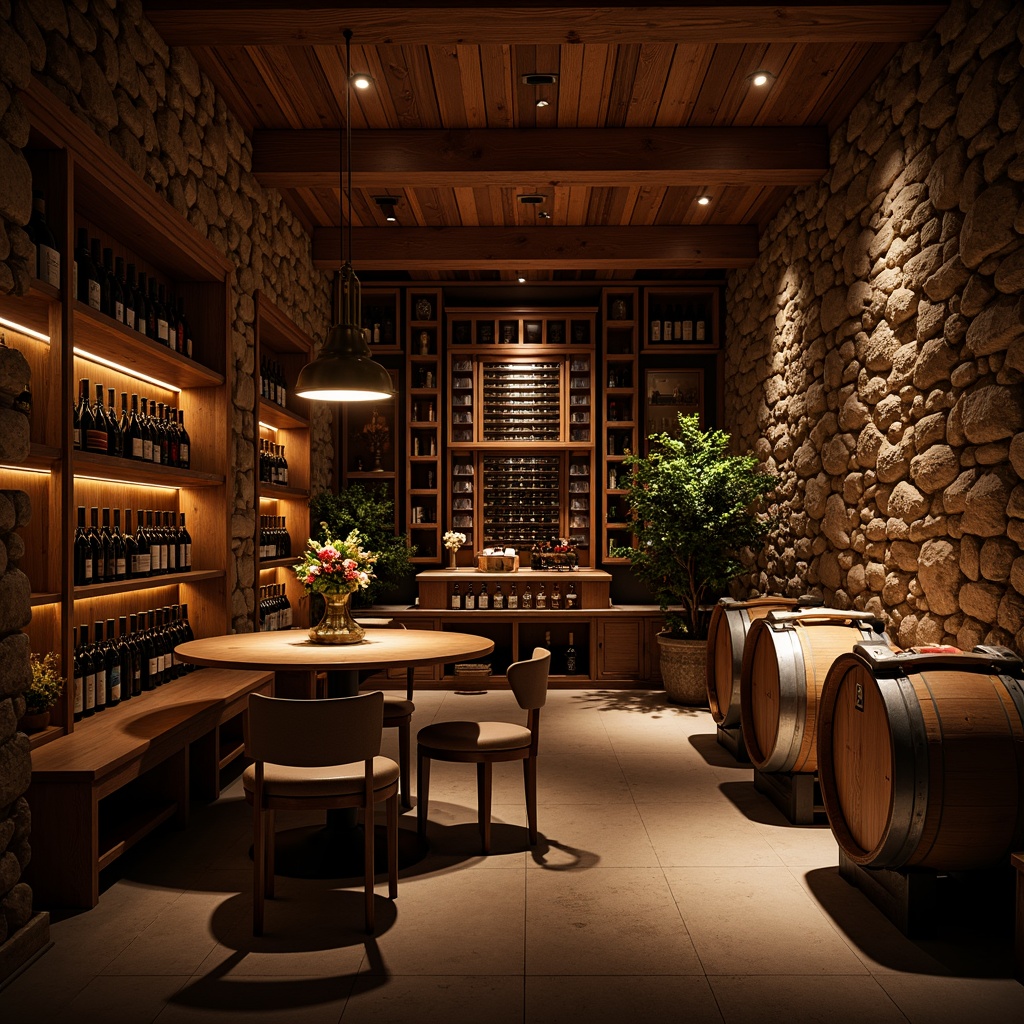 Prompt: Dimly lit wine cellar, warm ambient lighting, rich wood tones, rustic stone walls, vintage wine barrels, elegant glass racks, soft LED strips, subtle color temperature changes, dramatic spotlights, intimate atmosphere, private tasting areas, comfortable seating, sophisticated decor, luxurious textures, refined wooden accents, ornate metalwork, cozy nooks, soft shadows, warm color palette, low-key illumination, 1/2 composition, atmospheric lighting effects.