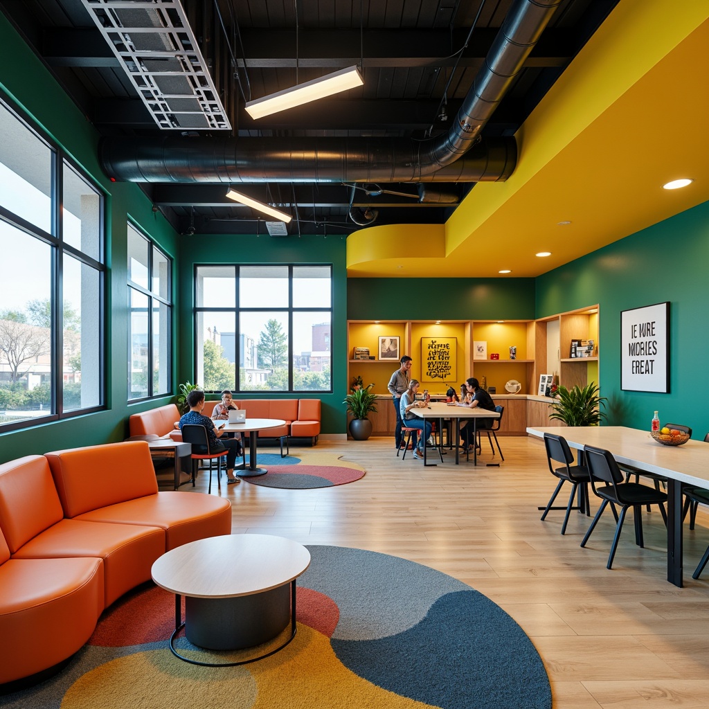 Prompt: Vibrant youth center, energetic atmosphere, bold color scheme, bright yellow accents, deep blue tones, warm orange hues, playful green walls, modern minimalist furniture, sleek metal fixtures, inspirational quotes, motivational posters, collaborative workspaces, cozy reading nooks, natural wood textures, ample natural light, softbox lighting, shallow depth of field, 3/4 composition, realistic renderings, ambient occlusion.