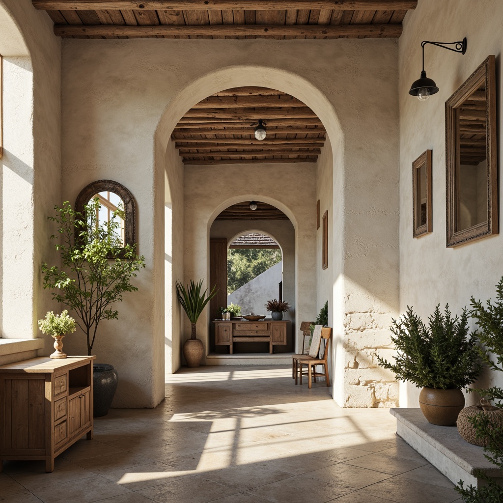 Prompt: Rustic stone walls, distressed wooden planks, soft cream-colored plaster, natural textures, earthy tones, vintage-inspired decor, elegant archways, ornate mirrors, decorative trim work, subtle color palette, warm ambient lighting, cozy intimate spaces, traditional European flair, classic French country charm.