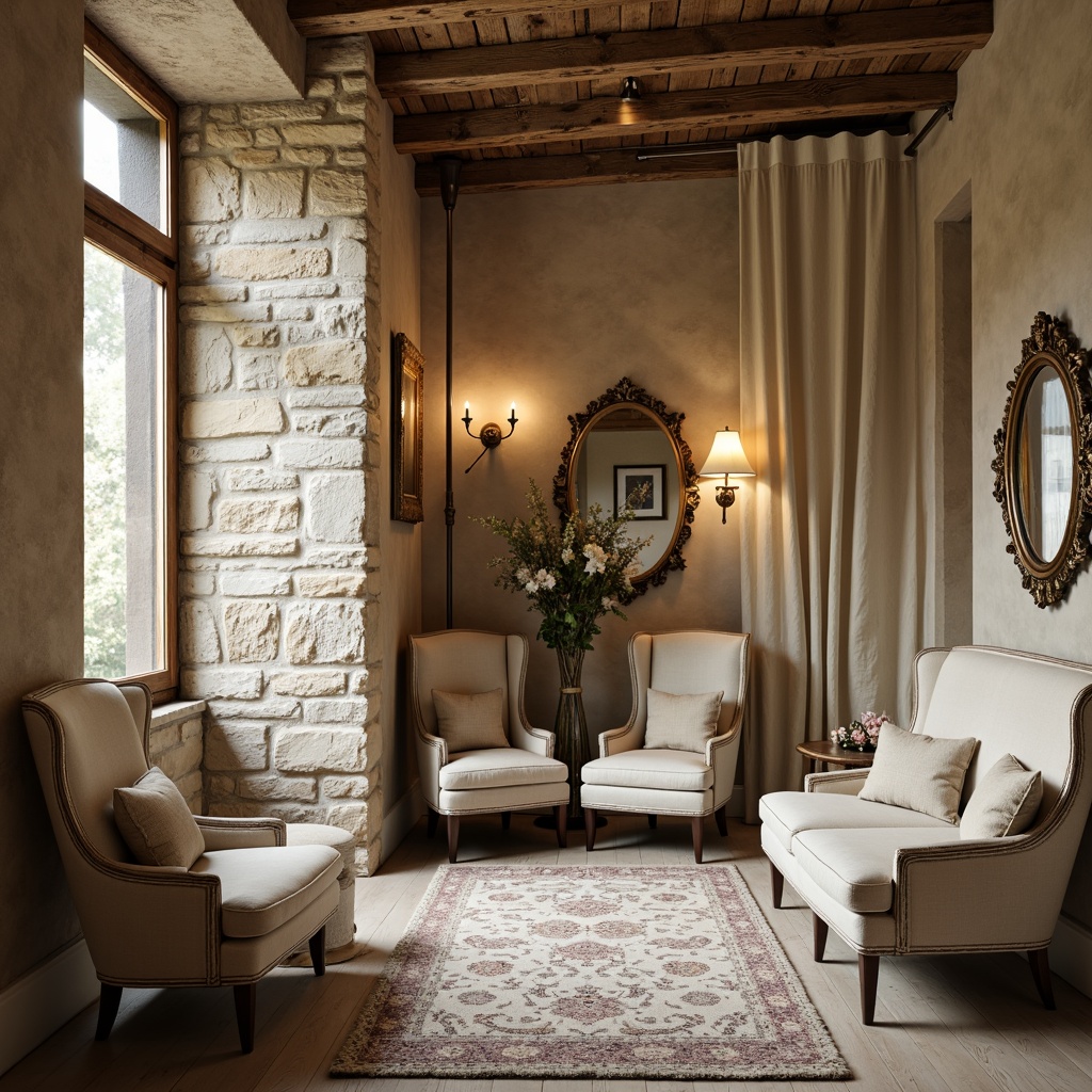 Prompt: Rustic stone walls, distressed wood paneling, vintage brick facades, soft warm beige tones, creamy whites, gentle color palette, ornate mirrors, elegant gold accents, plush velvet drapes, natural linen fabrics, subtle sheen, ambient lighting, cozy nooks, charming alcoves, traditional French Country decor, rustic wooden beams, classic floral patterns, delicate lace trim, romantic ambiance, warm candlelight, soft focus, shallow depth of field.