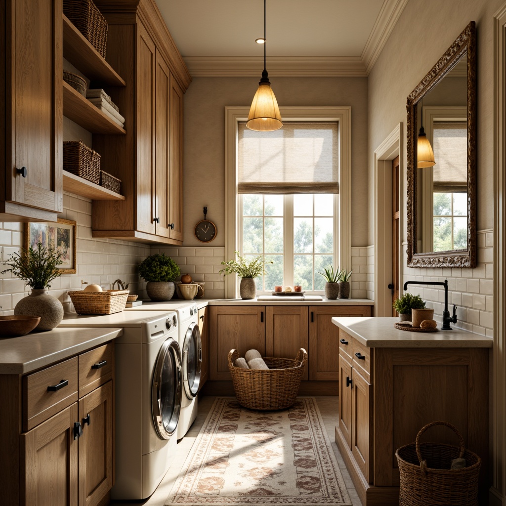 Prompt: Warm traditional laundry room, vintage washing machines, distressed wood cabinets, soft warm lighting, pendant lanterns, exposed brick walls, rustic metal accents, creamy white countertops, woven baskets, floral patterns, gentle natural light, sheer curtains, cozy atmosphere, warm beige colors, ornate mirrors, decorative molding, soft shadows, 1/1 composition, realistic textures, ambient occlusion.Let me know if this meets your requirements!