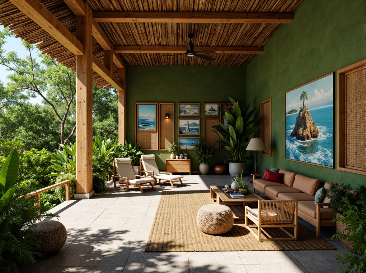 Prompt: Exotic tropical setting, lush green walls, natural stone cladding, reclaimed wood accents, woven bamboo textures, rattan furniture, vibrant colorful murals, ocean-inspired artwork, coral-patterned ceramics, glass tiles with aquatic motifs, sunny day, warm soft lighting, shallow depth of field, 3/4 composition, panoramic view, realistic textures, ambient occlusion.