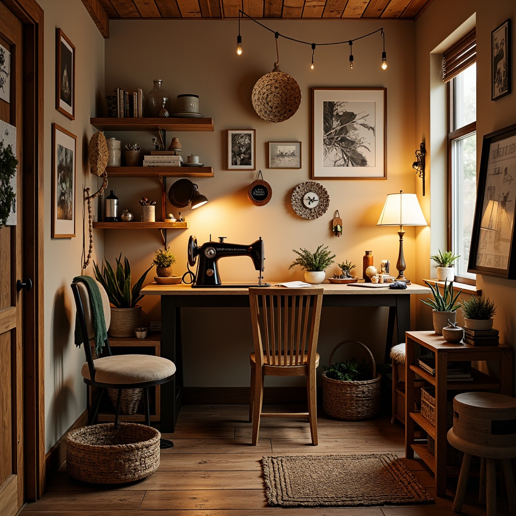 Prompt: Cozy craft room, wooden worktable, vintage sewing machine, eclectic art supplies, woven baskets, natural fiber rugs, earthy color palette, soft warm lighting, table lamps, pendant lights, string lights, Edison bulbs, metal shades, industrial chic decor, reclaimed wood accents, rustic metal fixtures, warm beige walls, comfortable armchair, good reading light, ambient glow, 1/2 composition, realistic textures, subtle shadows.