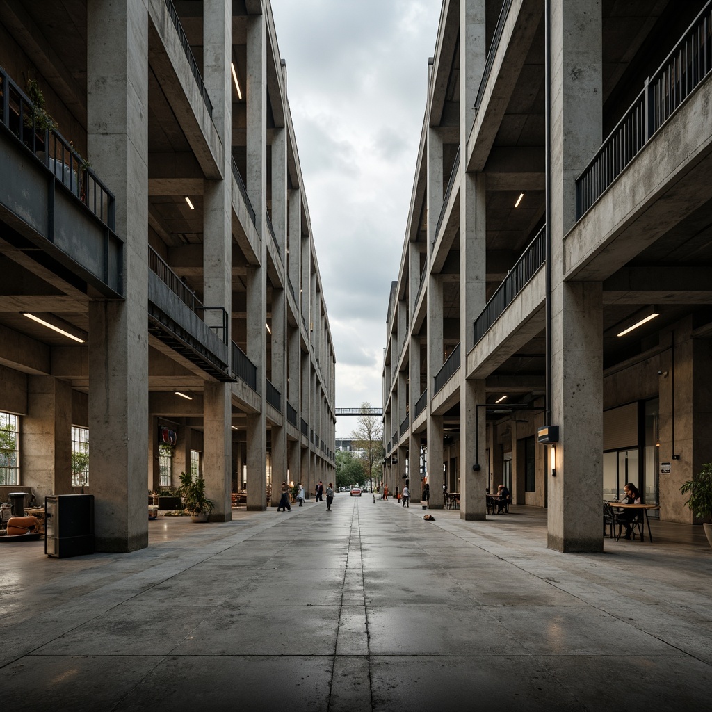 Prompt: Exposed concrete columns, raw industrial aesthetic, brutalist architecture style, functional distribution center, high ceilings, vast open spaces, natural light pouring through clerestory windows, steel beams, metal walkways, industrial piping, rough textured concrete floors, minimalist d\u00e9cor, urban industrial landscape, cloudy overcast sky, dramatic shadows, low-key warm lighting, 1/1 composition, symmetrical framing, gritty realistic textures, subtle ambient occlusion.