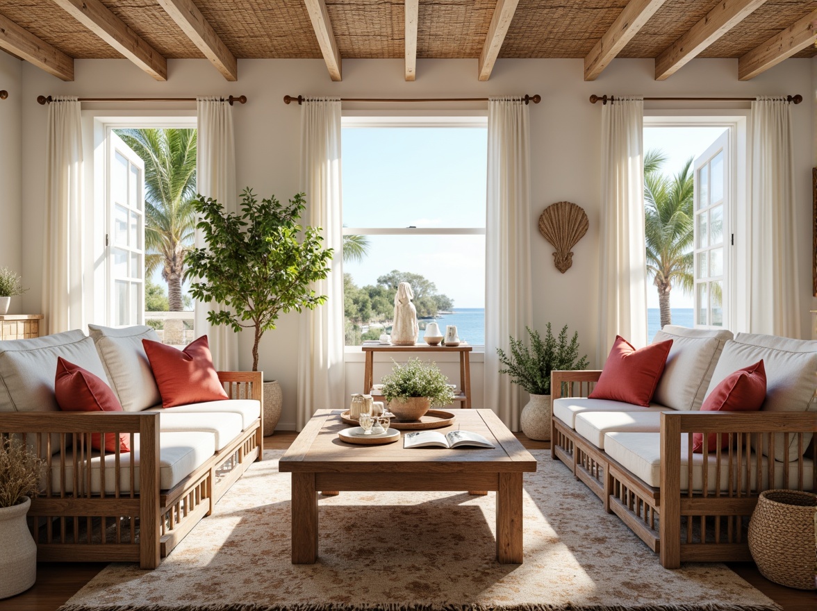 Prompt: Coastal-themed living room, natural fiber textiles, woven seagrass patterns, ocean-inspired color palette, driftwood furniture, rustic wooden accents, coral-hued throw pillows, linen upholstery, nautical rope details, shell-shaped decorative accessories, soft billowy curtains, beachy vibes, warm sunny lighting, shallow depth of field, 1/1 composition, natural textures, ambient occlusion.