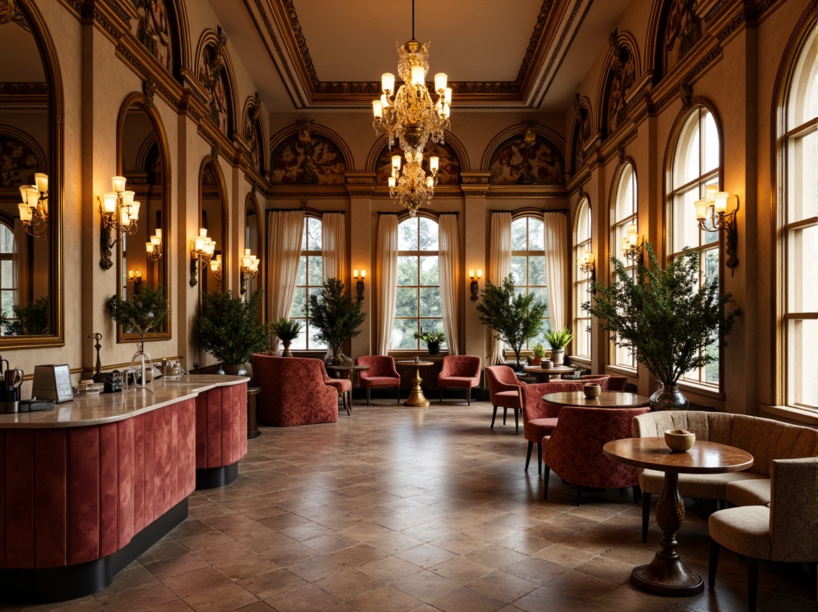 Prompt: Opulent coffee shop, rich velvet upholstery, gilded wooden frames, intricately carved furniture, ornate mirrors, crystal chandeliers, luxurious fabrics, golden accents, soft warm lighting, marble countertops, ornamental molding, French-inspired designs, curved lines, lavish decorations, warm beige tones, comfortable seating areas, cozy atmosphere, shallow depth of field, 1/1 composition, realistic textures, ambient occlusion.