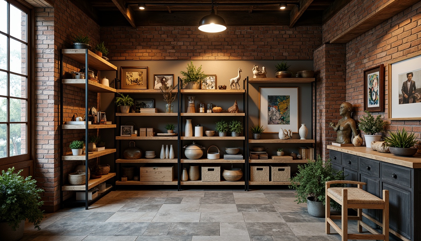 Prompt: Eclectic storage room, distressed wooden shelves, vintage metal racks, rustic brick walls, reclaimed wood accents, industrial-style lighting, abstract artwork, eclectic decorative objects, woven baskets, potted greenery, natural stone floors, earthy color palette, warm atmospheric lighting, shallow depth of field, 1/1 composition, realistic textures, ambient occlusion.