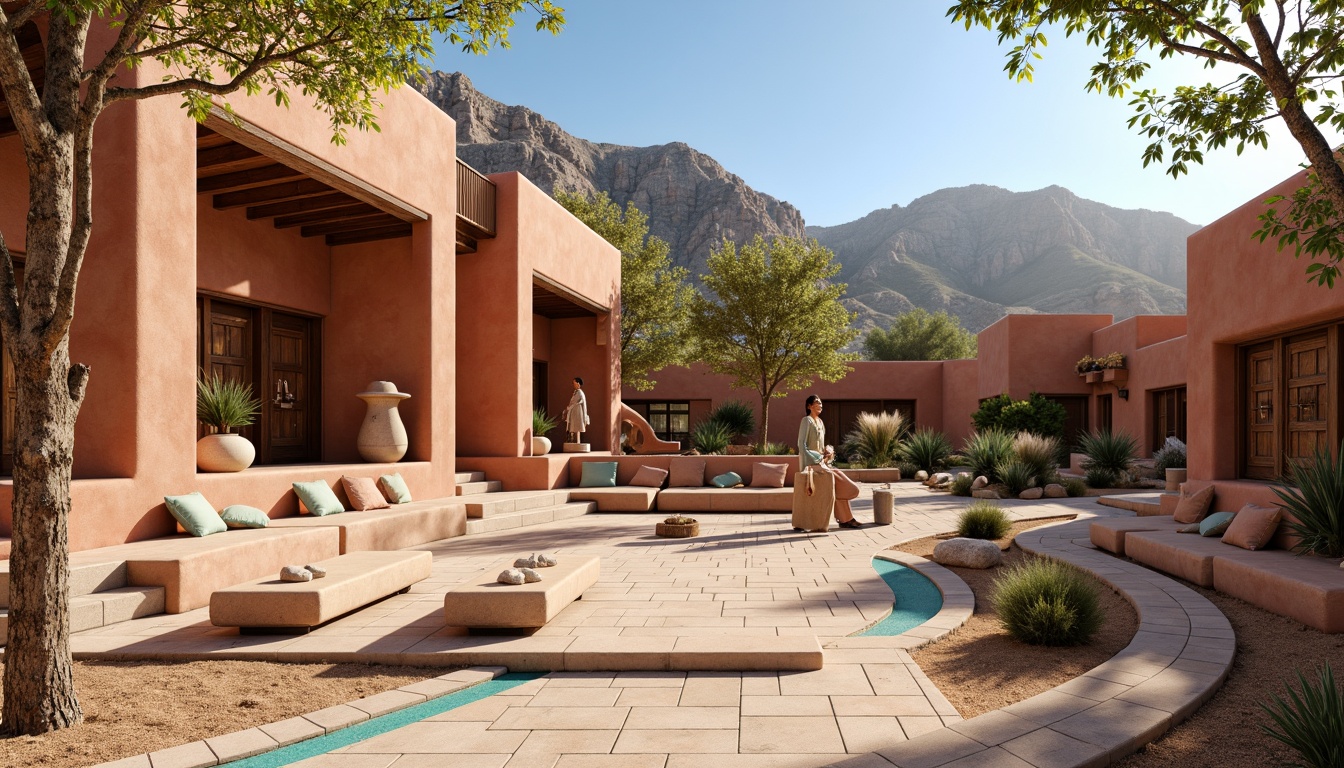 Prompt: Adobe earth tones, natural stone seating, curved lines, rustic wooden accents, turquoise glass tiles, vibrant terra cotta colors, desert flora, sandy walkways, majestic mountain views, sunny day, warm soft lighting, shallow depth of field, 3/4 composition, panoramic view, realistic textures, ambient occlusion, Southwestern-inspired patterns, geometric motifs, ornate metal details, rustic wooden railings, tiered seating areas, grand entrance arches, open-air performance spaces.