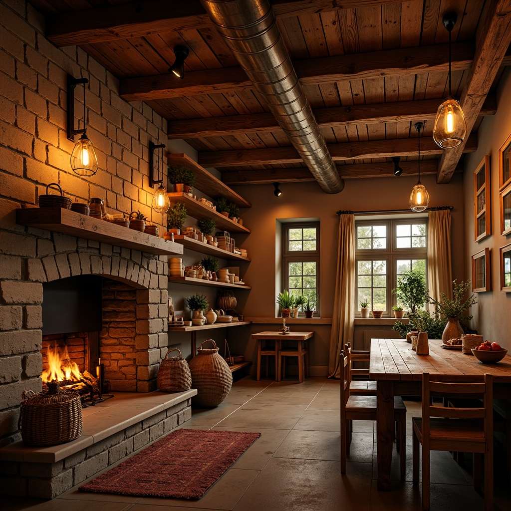 Prompt: Rustic wooden beams, earthy stone walls, vintage metal lanterns, warm candlelight, soft glowing embers, cozy fireplaces, distressed wood accents, natural fiber textiles, woven baskets, earth-toned ceramics, mason jar pendant lights, reclaimed wood shelving, industrial metal fixtures, Edison bulb chandeliers, warm golden lighting, intimate ambiance, 3/4 composition, shallow depth of field, realistic textures, ambient occlusion.