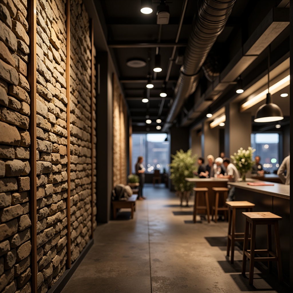 Prompt: Richly textured walls, rustic stone facades, wooden accents, distressed metal panels, industrial chic aesthetics, urban loft ambiance, exposed ductwork, polished concrete floors, matte black surfaces, warm golden lighting, soft focus blur, cinematic composition, shallow depth of field, 2/3 aspect ratio.