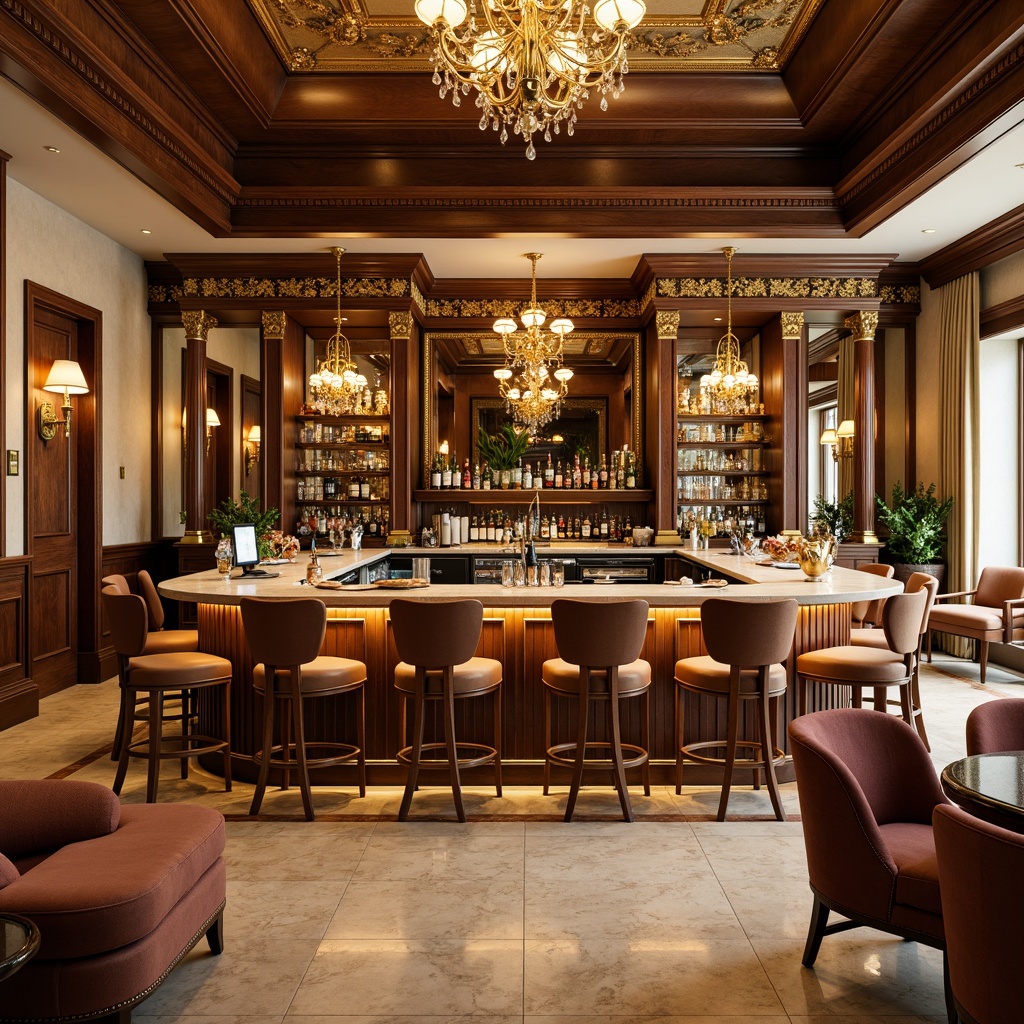 Prompt: Luxurious home bar, Rococo style, opulent gold accents, rich walnut wood, velvety soft upholstery, intricate carvings, ornate mirrors, lavish chandeliers, warm beige marble countertops, luxurious cream-colored walls, subtle sheen on metallic surfaces, soft warm lighting, 1/1 composition, shallow depth of field, realistic textures.