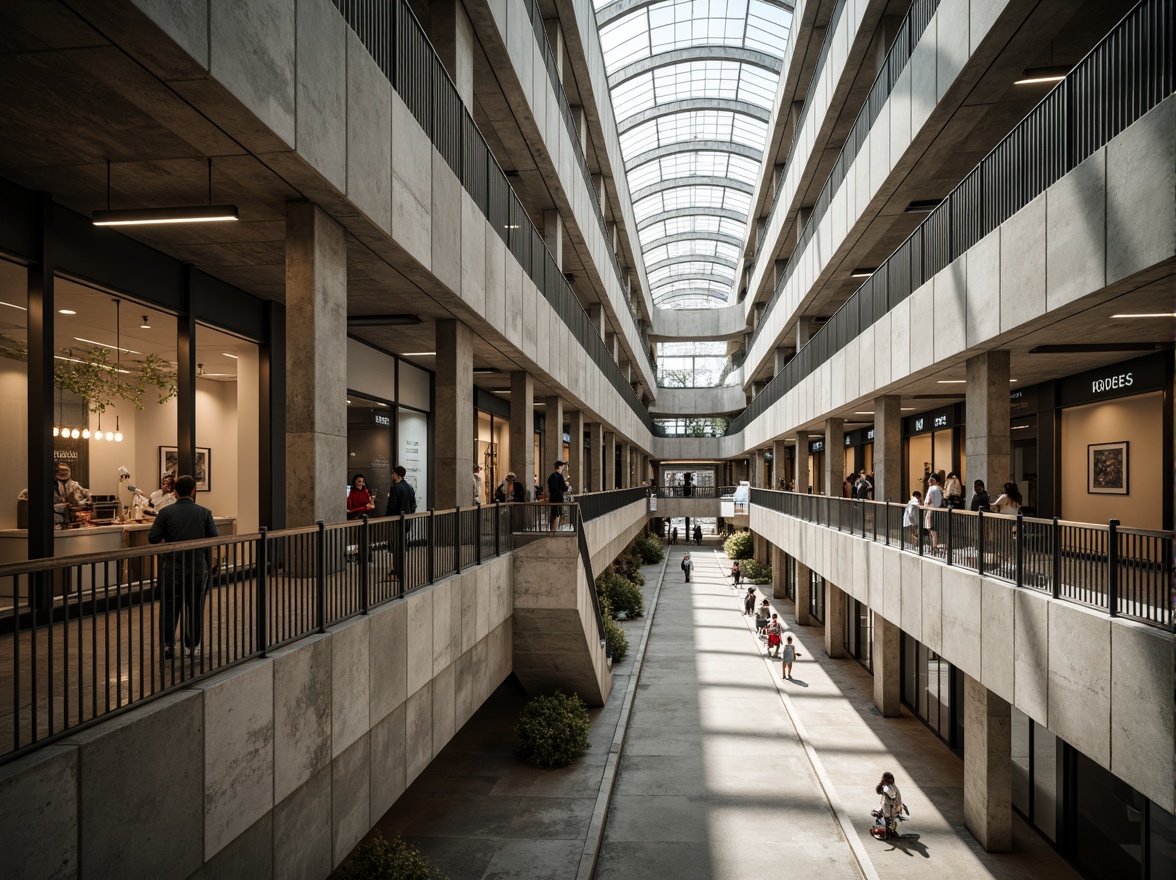 Prompt: Rugged shopping mall interior, exposed concrete walls, brutalist architecture, industrial chic aesthetic, raw unfinished surfaces, poured concrete floors, minimalist decor, functional metal railings, suspended ceiling lights, modern urban atmosphere, bustling crowds, natural daylight, dramatic shadows, high-contrast lighting, 1/1 composition, realistic textures, ambient occlusion.