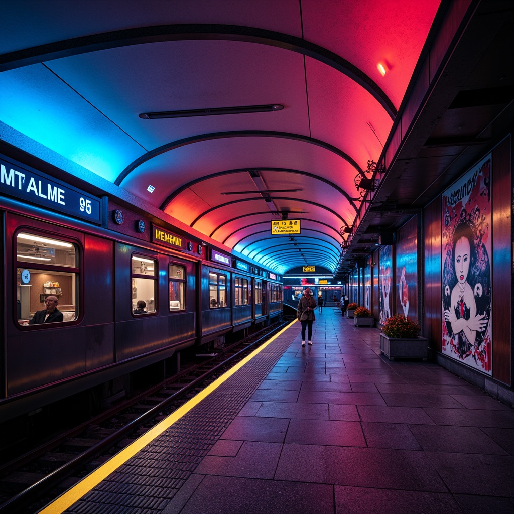 Prompt: Vibrant metro station, expressionist architecture, dramatic lighting, bold color scheme, abstract patterns, futuristic curves, neon lights, LED strips, glowing signage, dynamic shadows, moody ambiance, high-contrast illumination, industrial materials, exposed ductwork, metallic surfaces, urban decay textures, cinematic atmosphere, low-angle shots, 1/2 composition, intense highlights, deep blacks.