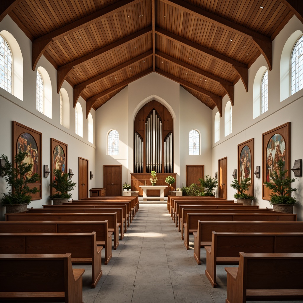 Prompt: Elegant church interior, reverberant space, wooden pews, stained glass windows, ornate altarpieces, acoustic panels, sound-absorbing materials, neutral colors, subtle textures, minimalist decor, warm ambiance, natural light, soft shadows, 1/2 composition, intimate atmosphere, realistic reflections, ambient occlusion.