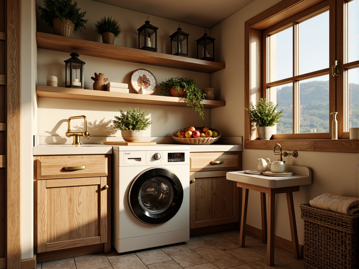 Prompt: Cozy laundry room, warm wooden cabinetry, soft cream-colored countertops, antique brass fixtures, vintage-inspired washing machine, distressed wood accents, natural stone flooring, earthy color palette, rustic metal lanterns, floral patterned curtains, sunny afternoon, soft warm lighting, shallow depth of field, 1/1 composition, realistic textures, ambient occlusion.