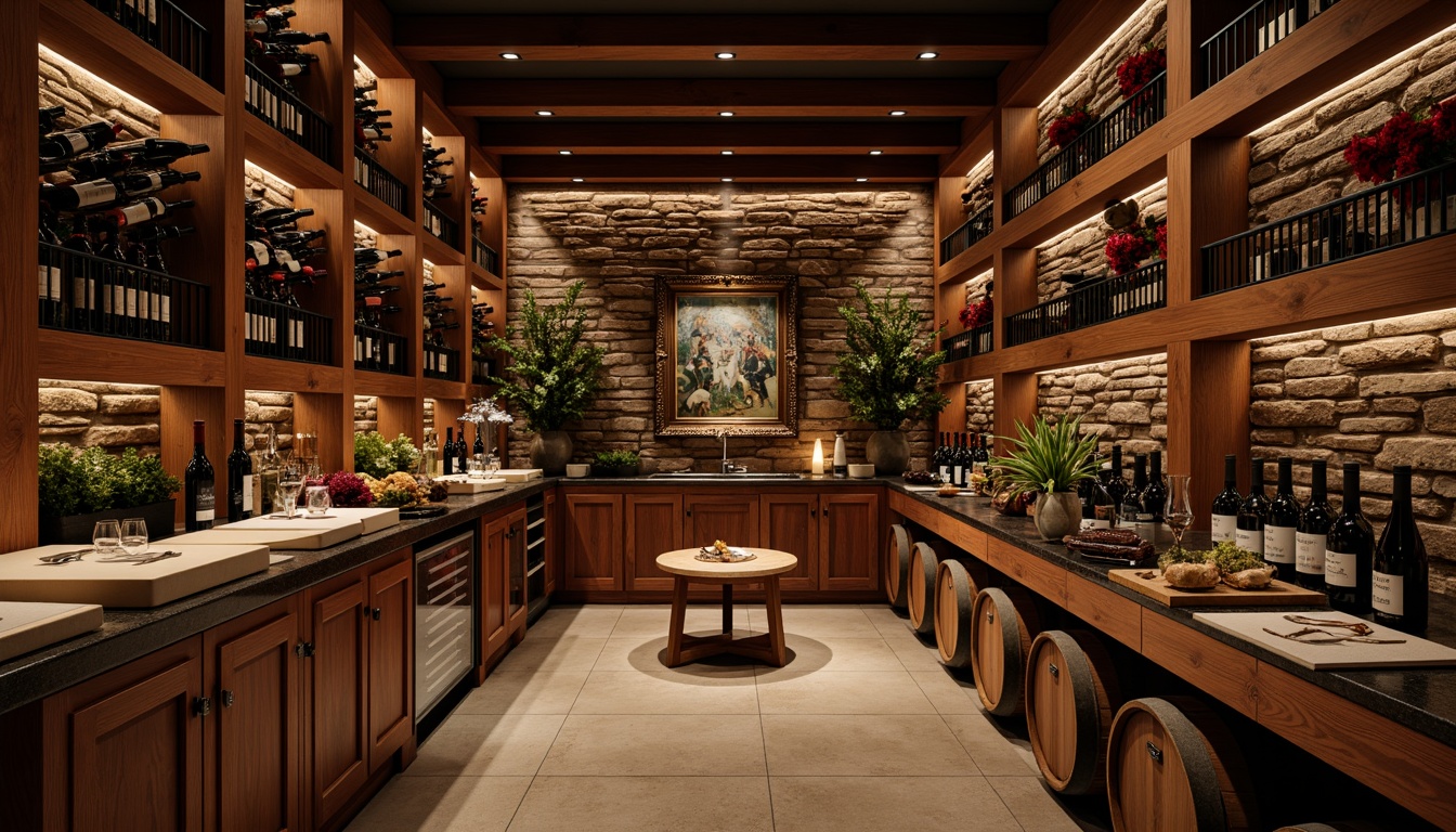 Prompt: Luxurious wine cellar, rich wood tones, ambient dim lighting, elegant wooden racks, temperature-controlled storage, premium glass doors, sophisticated humidity control systems, sleek metal shelving, refined label displays, rustic stone walls, vintage wine barrels, ornate ironwork, soft warm glow, shallow depth of field, 1/2 composition, realistic textures, detailed reflections.