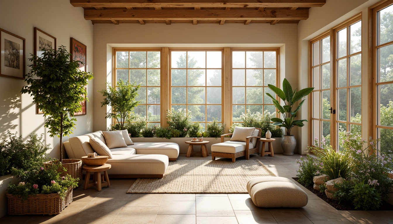 Prompt: Warm sunroom, soft natural light, creamy whites, warm beiges, earthy browns, soothing greens, calming blues, rustic wooden accents, plush textiles, comfortable seating, lush greenery, blooming flowers, natural stone flooring, large windows, sliding glass doors, cozy reading nooks, warm ambient lighting, 1/1 composition, shallow depth of field, realistic textures.