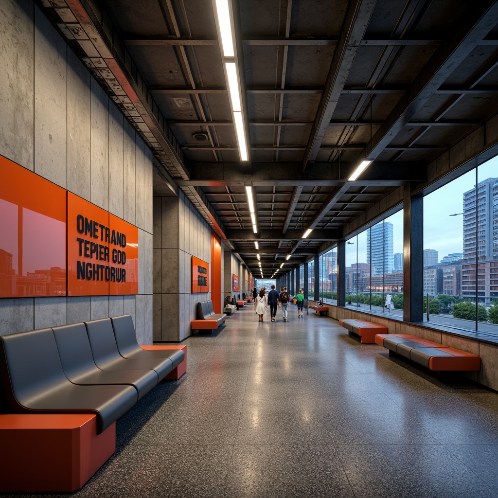 Prompt: Vibrant metro station interior, concrete walls, metallic beams, industrial-style lighting, granite flooring, sleek modern benches, futuristic signage, urban cityscape views, rush hour atmosphere, warm color temperature, high-contrast textures, reflective steel surfaces, brutalist architectural style, dramatic shadows, angular compositions, shallow depth of field, 1/1 aspect ratio, realistic rendering.