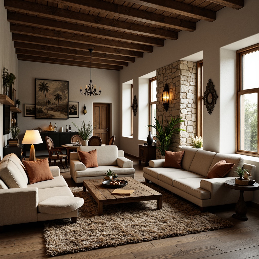 Prompt: Cozy living room, comfortable sofas, rustic wooden coffee tables, vintage decorative lamps, plush area rugs, earthy color palette, natural stone walls, large windows, soft warm lighting, 3/4 composition, panoramic view, realistic textures, ambient occlusion.