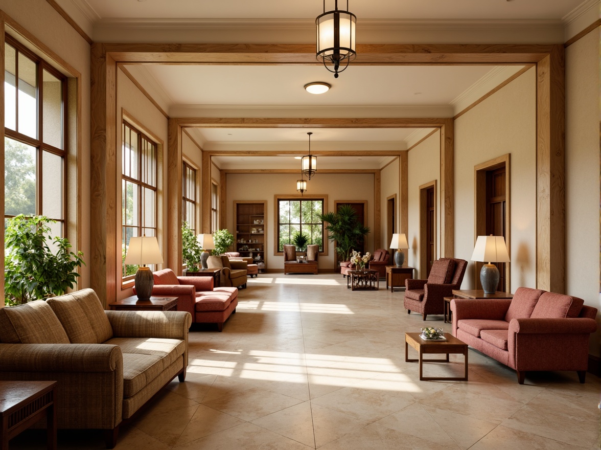 Prompt: Traditional hospital reception area, wooden furniture, comfortable sofas, velvet armchairs, ornate coffee tables, classic lamps, warm beige walls, soft cream-colored floors, natural stone columns, grand chandeliers, elegant archways, quiet waiting areas, peaceful atmosphere, subtle lighting, 1/1 composition, realistic textures, ambient occlusion.