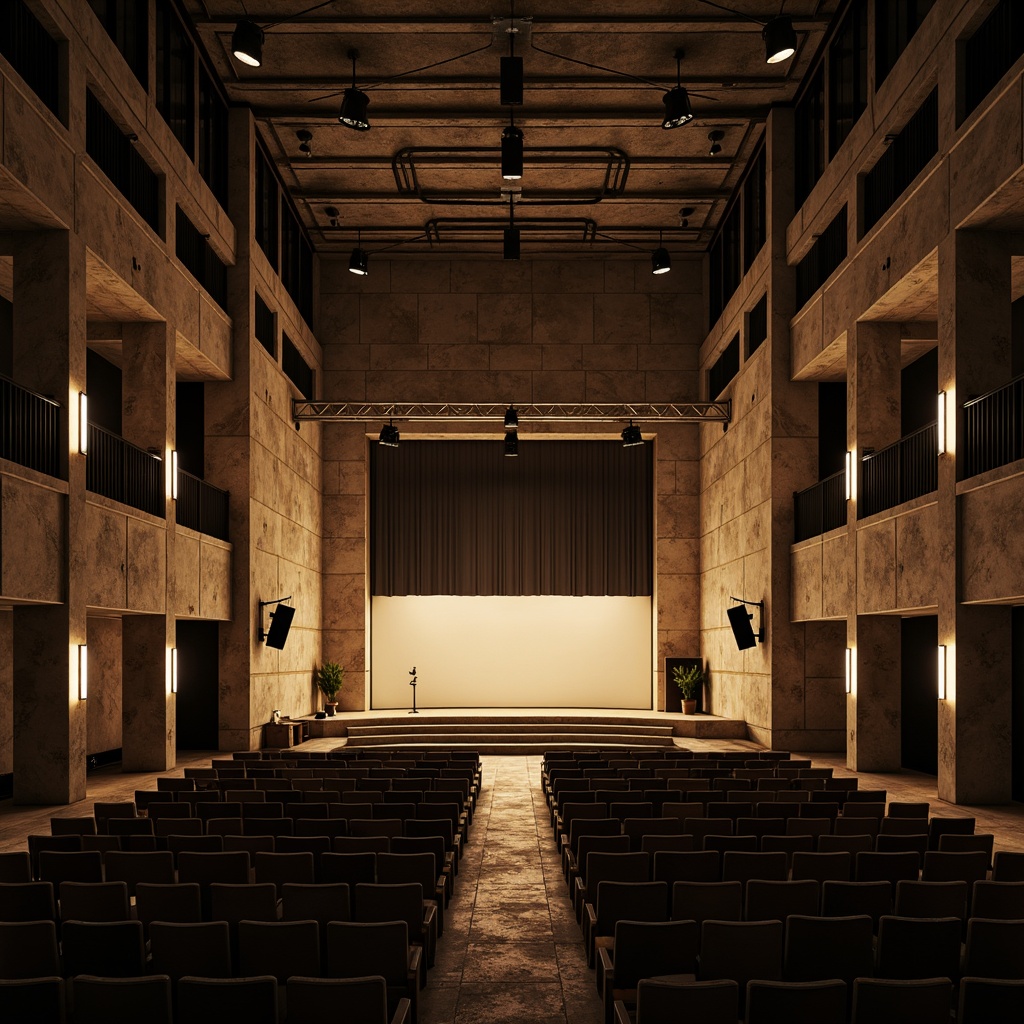 Prompt: Exposed concrete walls, rugged brutalist architecture, industrial-style lighting fixtures, dramatic high ceilings, cantilevered balconies, raw metal beams, minimalist seating areas, stark atmospheric lighting, spotlights on stage, warm golden uplighting, deep shadows, 1-point perspective composition, low-key dramatic mood, realistic material textures, ambient occlusion.