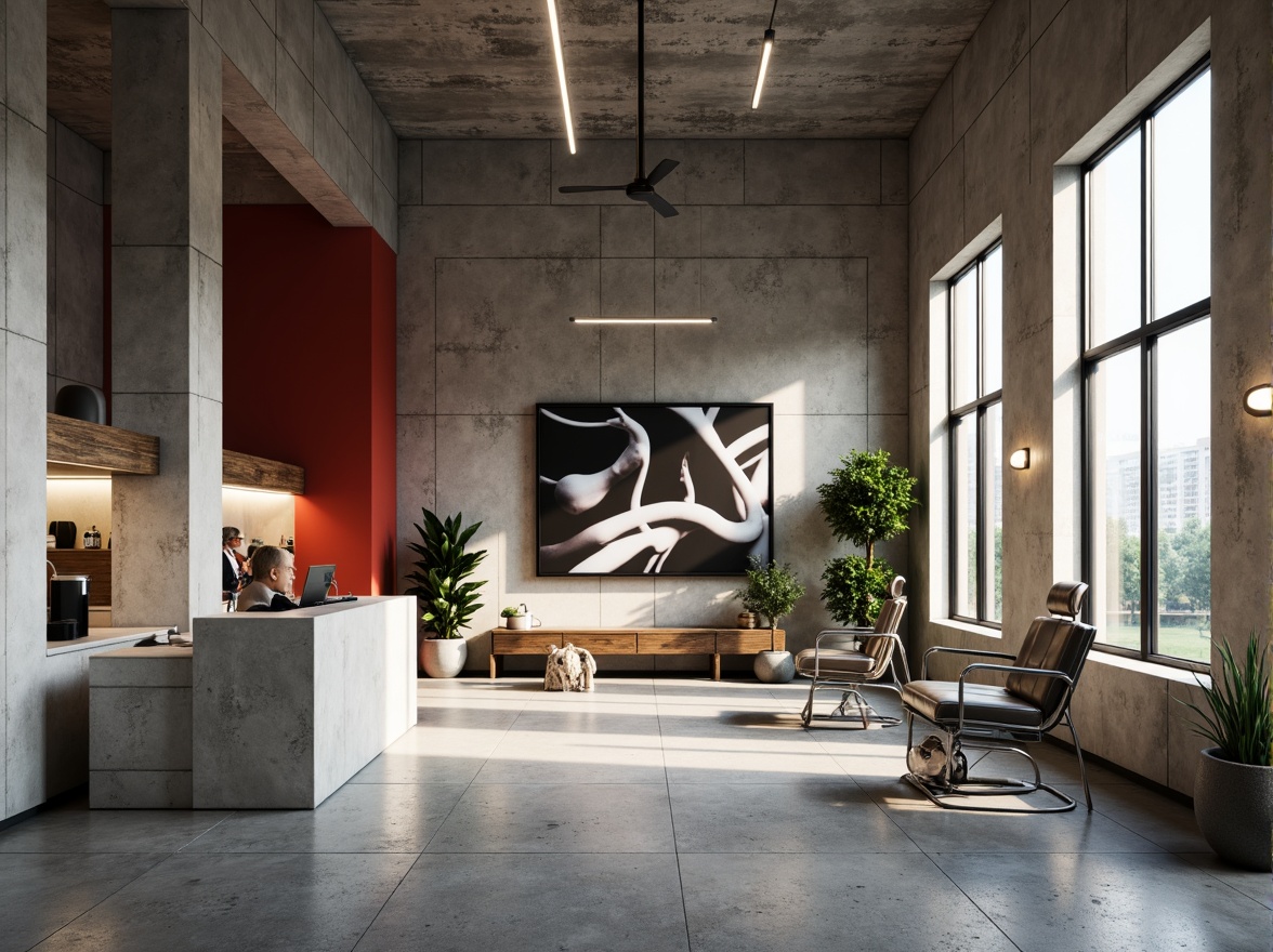 Prompt: Exposed concrete walls, raw brutalist aesthetic, industrial-style lighting fixtures, polished chrome dental equipment, stainless steel countertops, rough-hewn stone flooring, poured-in-place concrete reception desk, reclaimed wood accents, minimalist decor, bold color blocking, dramatic natural light, high-contrast shadows, 1/1 composition, stark architectural photography, realistic material textures, ambient occlusion.