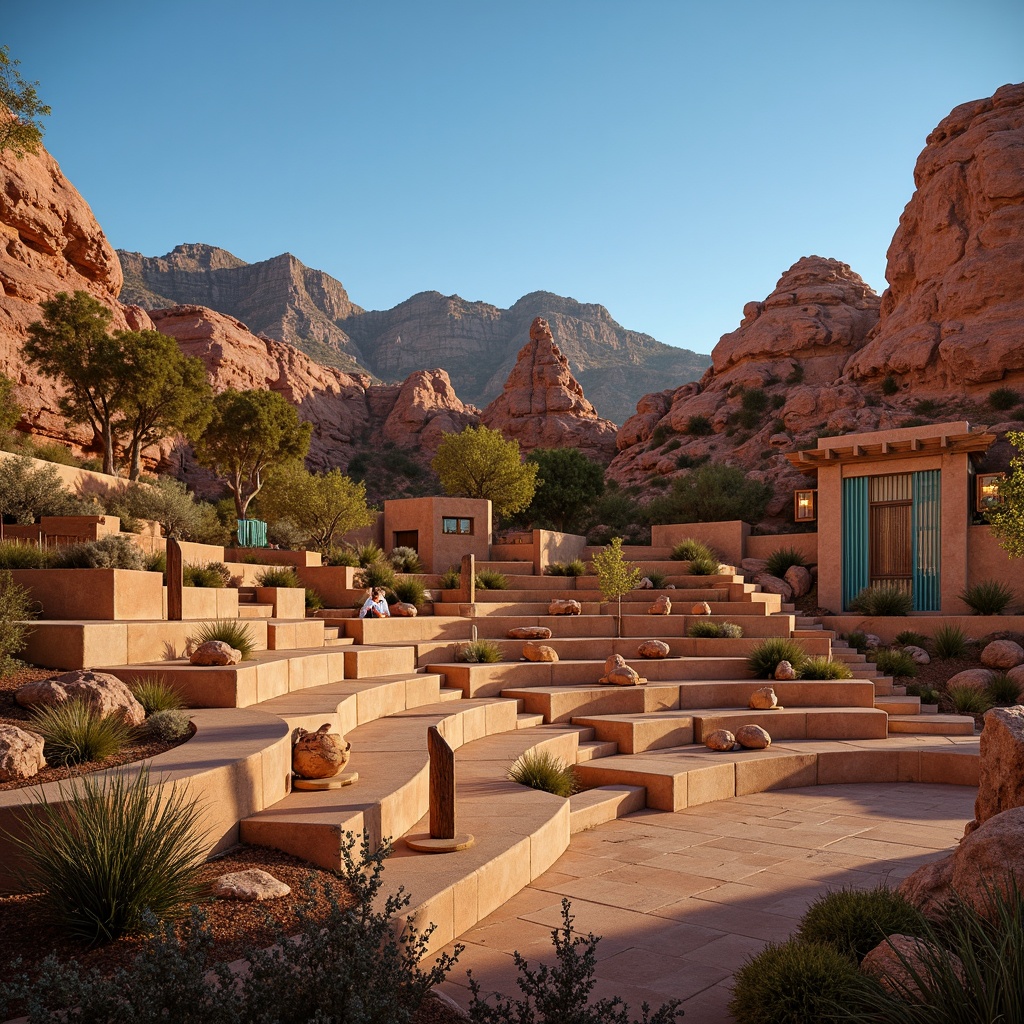 Prompt: Southwestern amphitheater, warm sandy stone seating, rustic wooden accents, vibrant turquoise decorative elements, desert flora, majestic rock formations, clear blue sky, golden hour lighting, soft warm glow, lantern-style lighting fixtures, warm white LED lights, subtle uplighting, dramatic spotlighting, natural ambient occlusion, 3/4 composition, cinematic view, realistic textures.