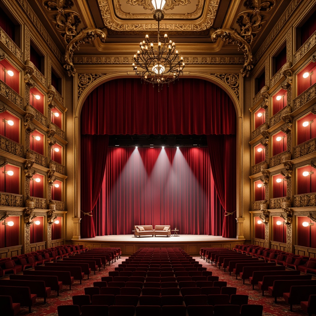 Prompt: Traditional performing arts center, ornate wooden stage, velvet curtains, golden balconies, plush red seats, intimate setting, warm lighting, soft shadows, classic architectural details, intricate carvings, elegant chandeliers, luxurious fabrics, refined atmosphere, dramatic spotlights, 1/1 composition, shallow depth of field, realistic textures, ambient occlusion.