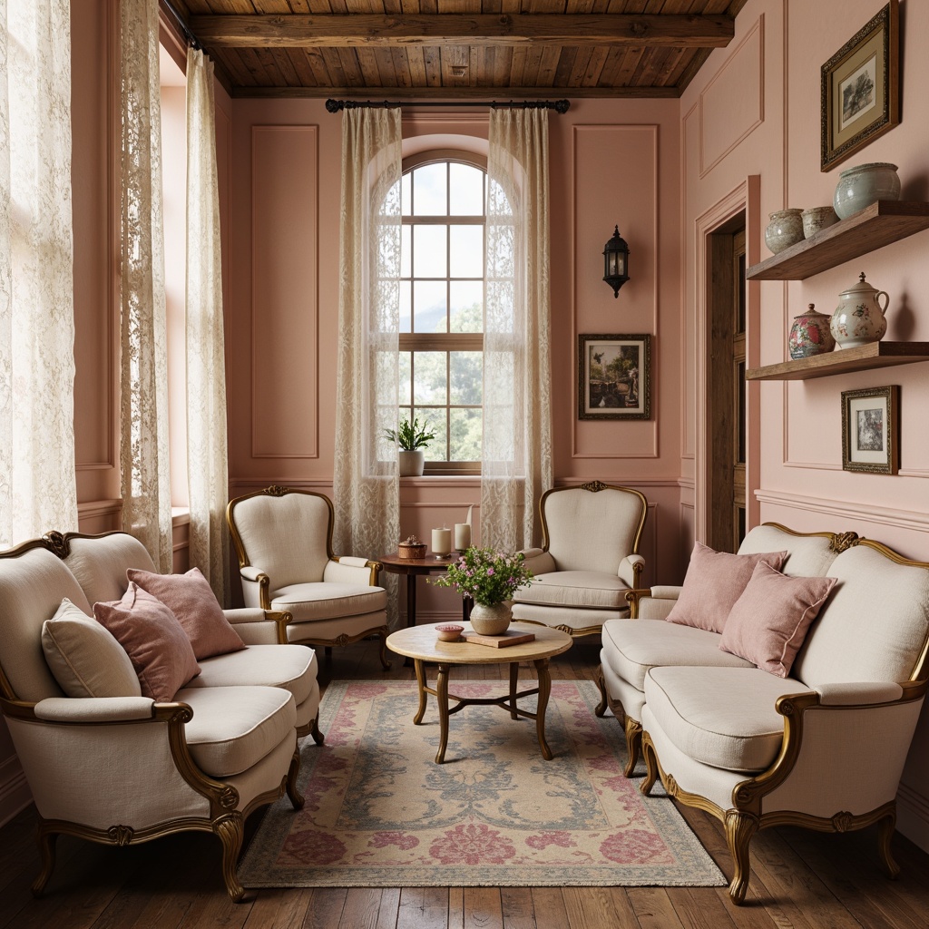 Prompt: Soft peach walls, distressed wood accents, vintage floral patterns, lace curtains, cream-colored furniture, worn velvet upholstery, antique gold frames, ornate metal fixtures, pastel-hued ceramics, rustic wooden shelves, faded linen fabrics, muted rose tones, warm candlelight, soft focus photography, 1/2 composition, cozy intimate atmosphere, romantic ambiance.