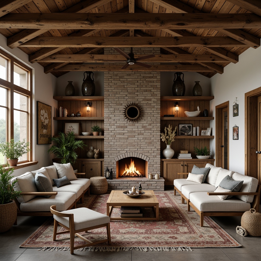 Prompt: Rustic farmhouse, shiplap walls, reclaimed wood accents, vintage metal decor, earthy color palette, natural stone foundations, wooden beams, pitched rooflines, cozy living spaces, distressed finishes, warm candlelight, soft focus, shallow depth of field, 2/3 composition, intimate atmosphere, natural textures, ambient occlusion.